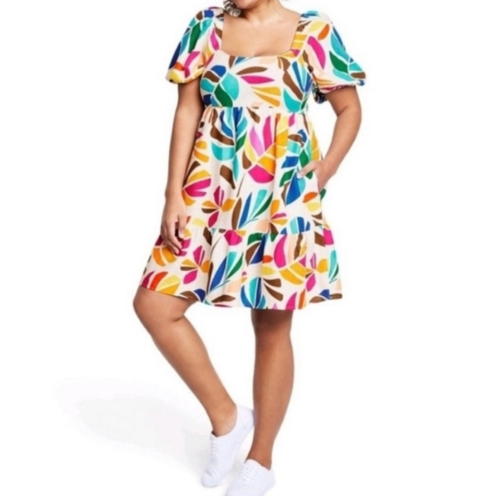 Tabitha Brown Botanical Puff Sleeve Multicolor Tiered Dress Size Small